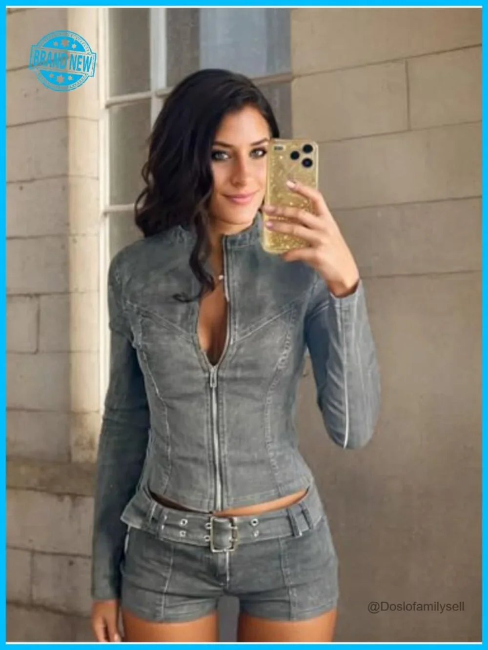 2 Piece Denim Outfits Long Sleeve Zip Up Cropped Jacket Skinny Shorts Set with